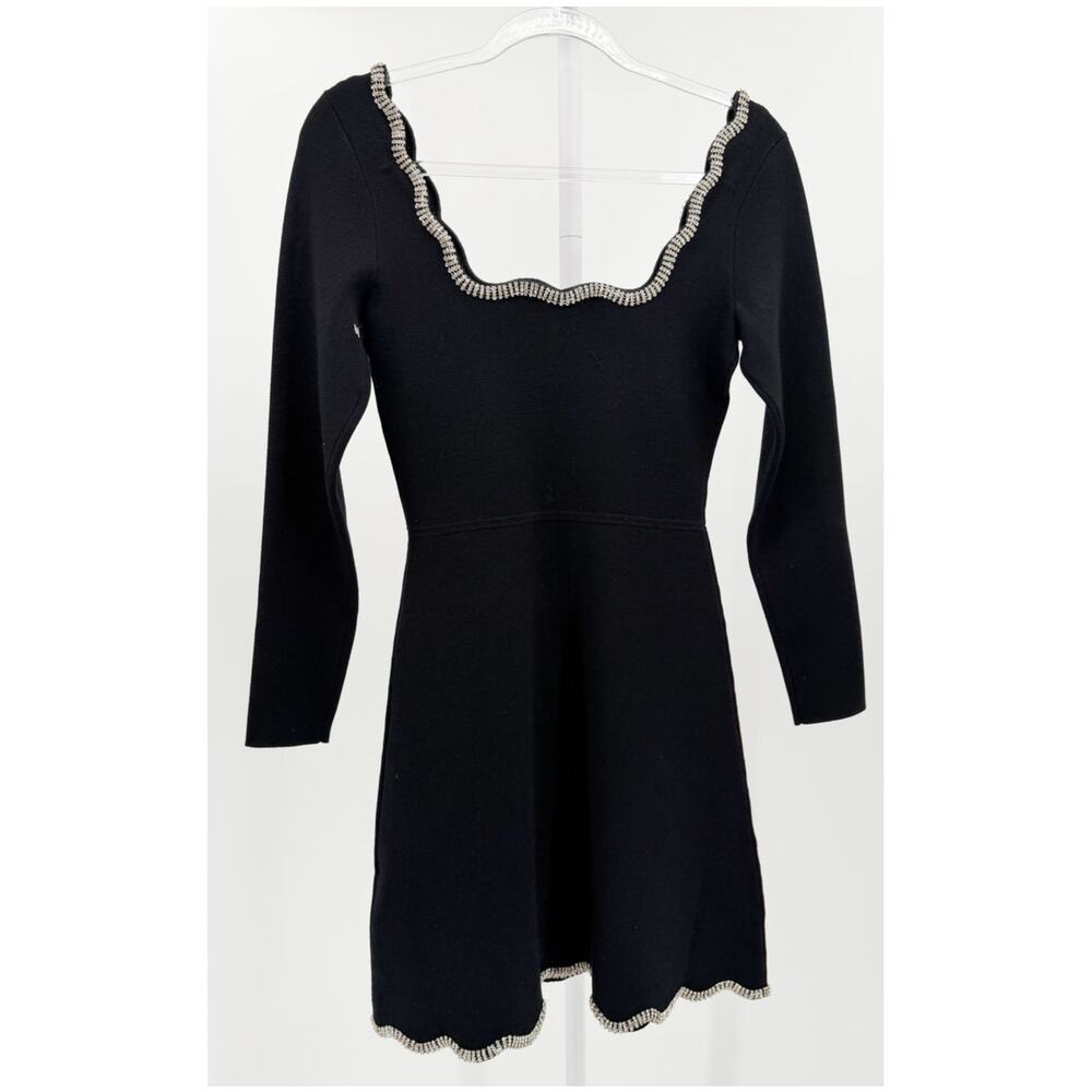 Sandro Paris Black Knit Crystal Embellished Mini Dress Scalloped Trim 36 US 2